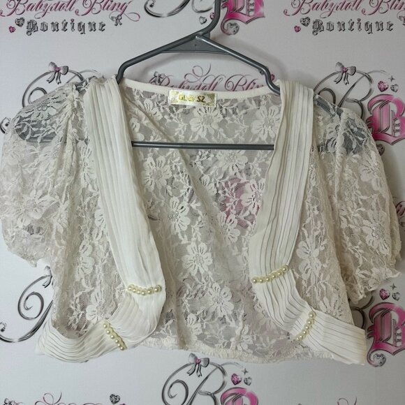 Tops - Shrug pearls white cream Lacie mini top Chic Lace Blouse with Pearl Accents